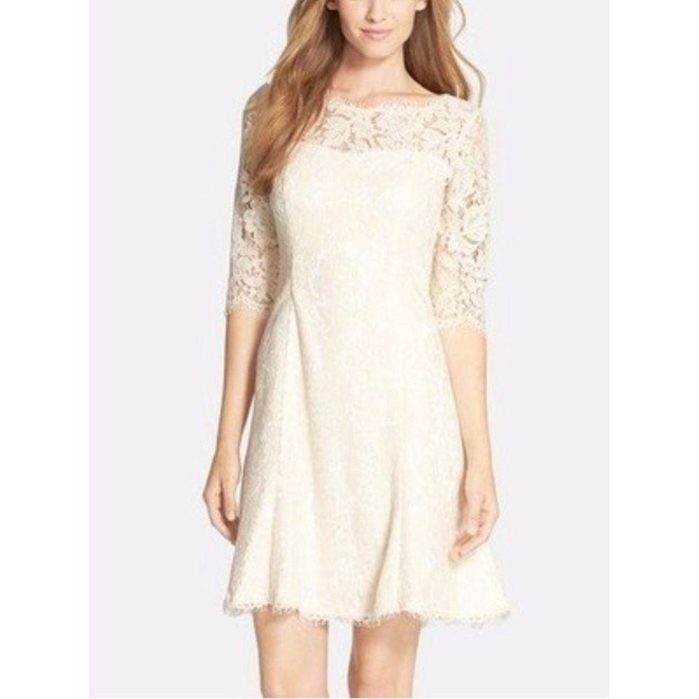 Eliza J Lace Fit & Flare Dress Ivory Bridal Cocktail Scalloped‎ Sz4 Cotton Blend